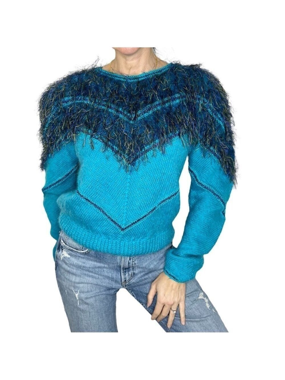 Vintage 80s 90s neon blue eyelash feather fringe pullover sweater